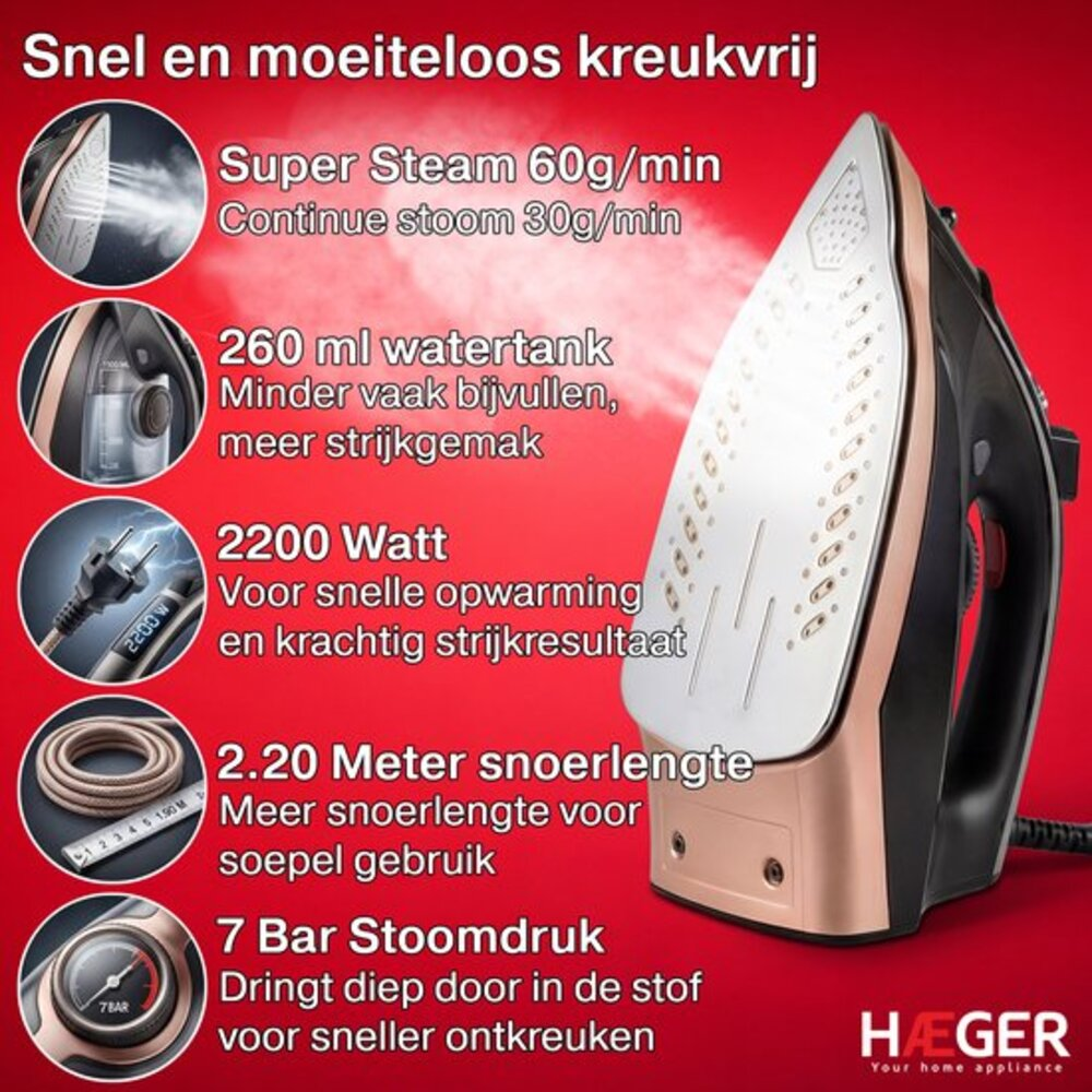 Een strijkijzer met details over stoom, watertank, vermogen, snoer en druk.