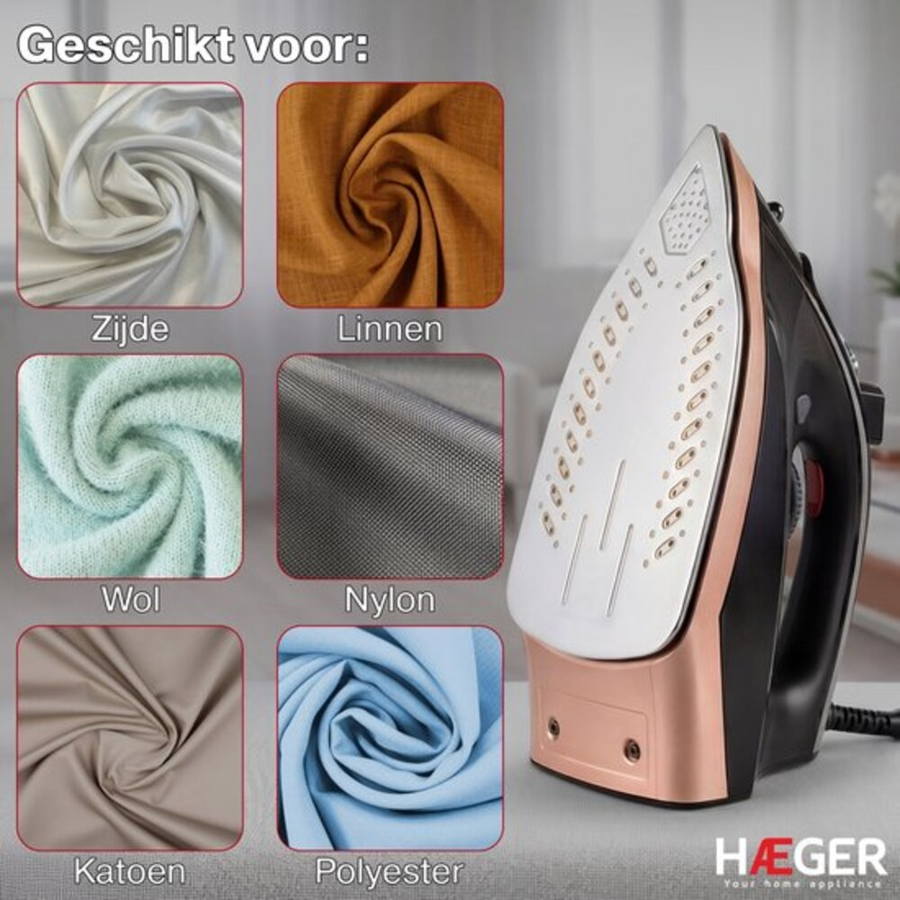 Een strijkijzer en stofstalen: Zijde, Linnen, Wol, Nylon, Katoen, Polyester.