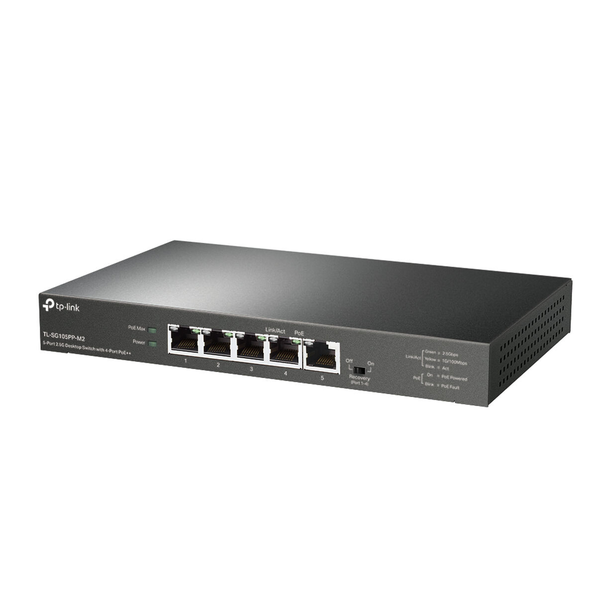 Un switch TP-Link noir de bureau 5 ports 2.5G avec 4 ports PoE+.