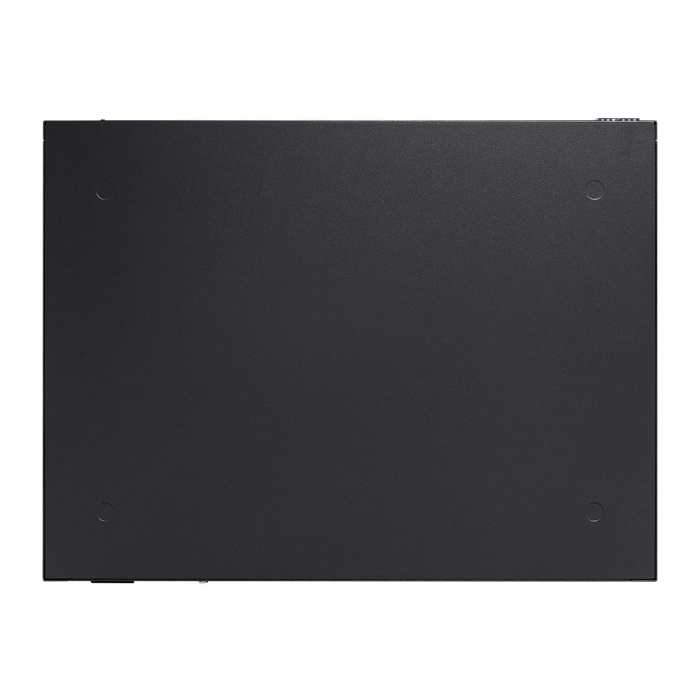 Appareil rectangulaire noir à surface texturée. Quatre renfoncements circulaires.