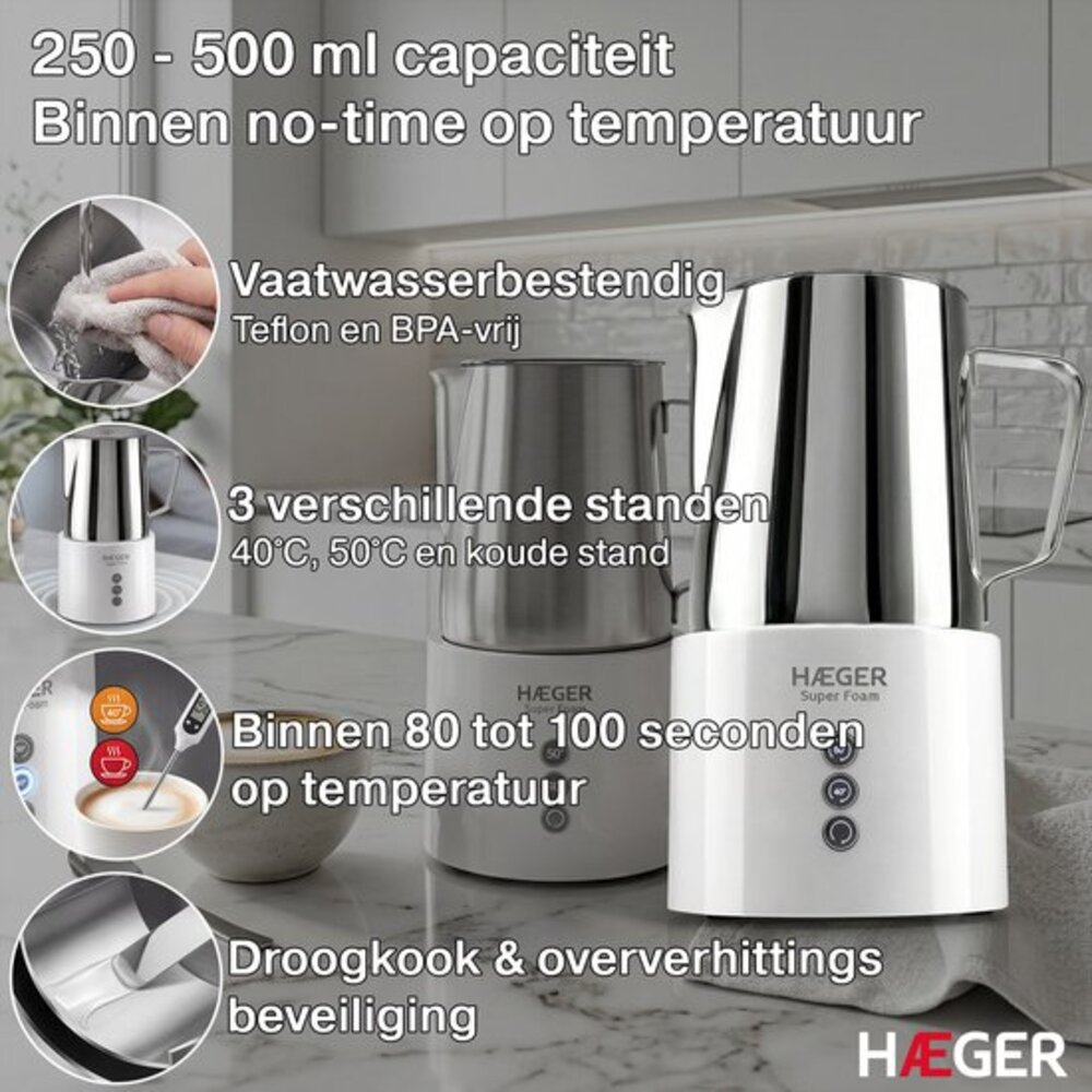 Milchaufschäumer mit Edelstahlbehälter, 3 Stufen, 250-500ml Kapazität.