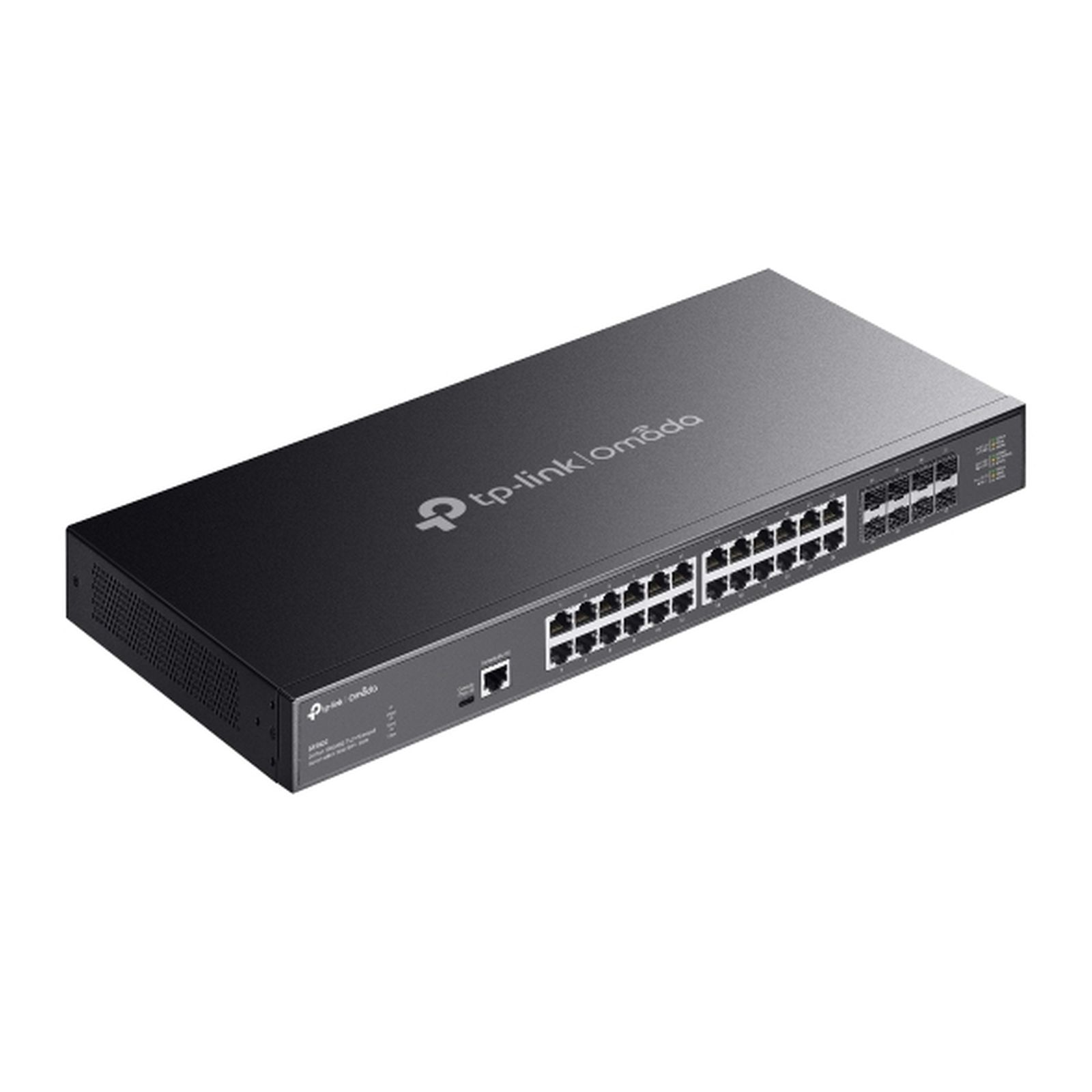 Un switch réseau TP-Link Omada noir avec 24 ports.