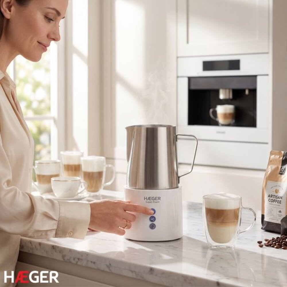 Eine Frau bedient einen Milchaufschäumer neben Kaffeetassen und einer Kaffeemaschine.