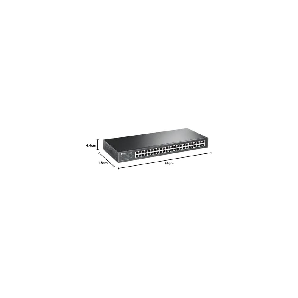 Switch di rete nero con 48 porte, dimensioni 44x18x4,4cm.