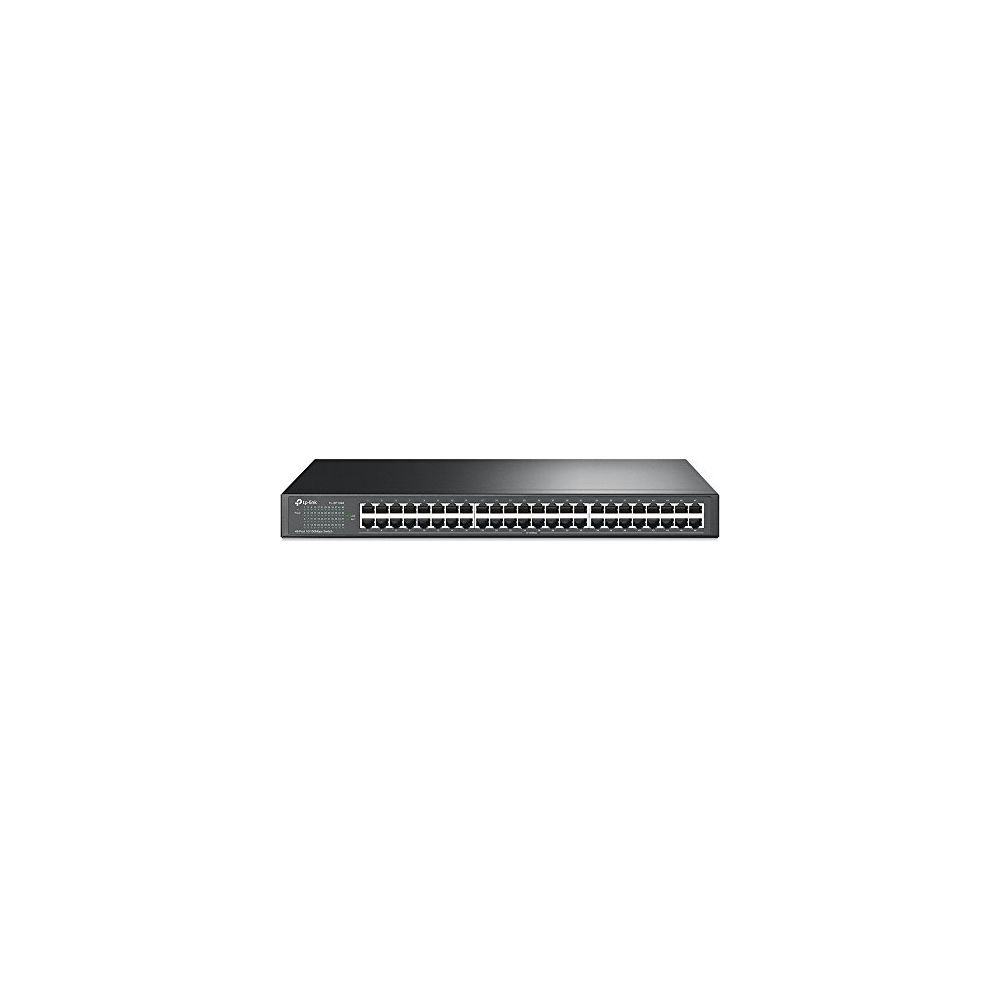 Uno switch di rete nero con numerose porte e spie luminose.
