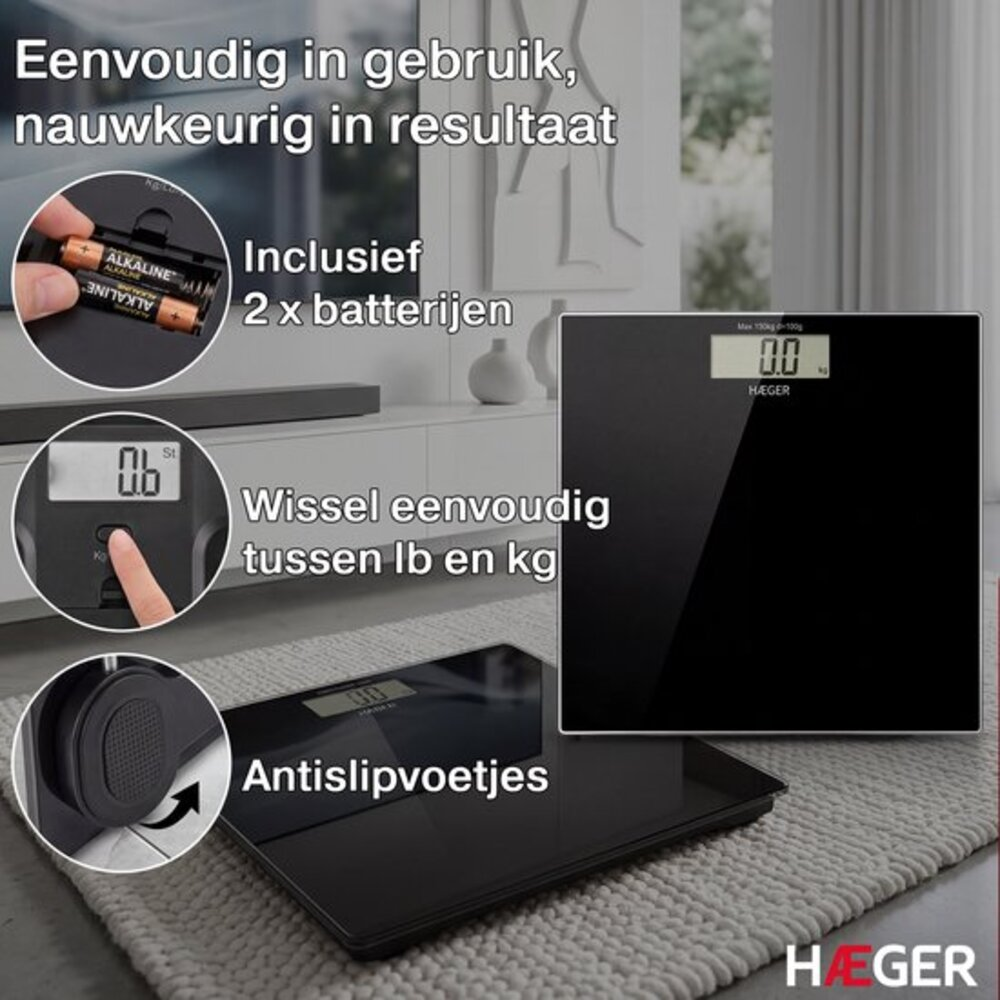 Schwarze digitale Personenwaage mit Batterien, Ein-/Ausschalttaste und rutschfesten Füßen.