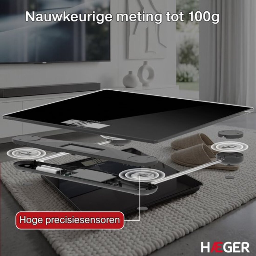 Explosionsansicht einer digitalen Waage mit präzisen Sensoren und Hausschuhen.