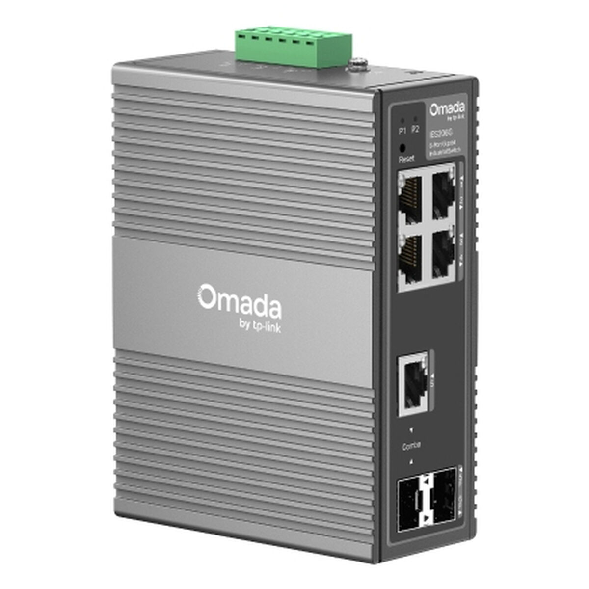 Un switch réseau industriel Omada by TP-Link argenté avec ports et connecteur vert.