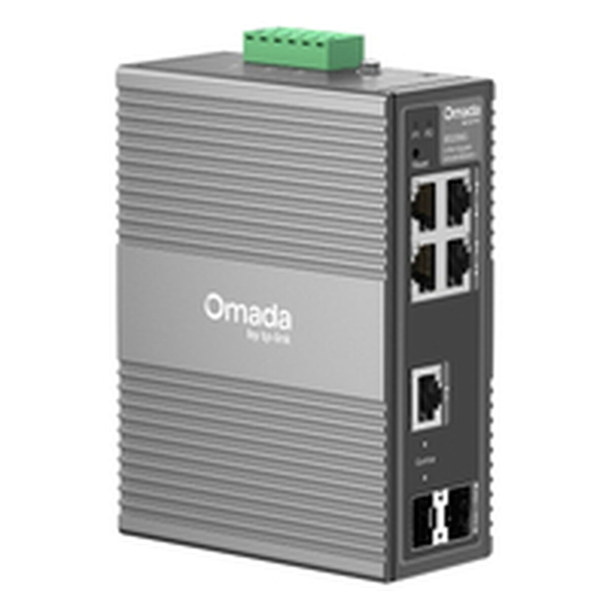 Un commutateur réseau Omada argenté avec bloc de jonction vert sur le dessus et ports Ethernet sur le côté.