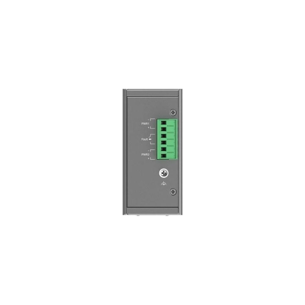 Boîtier gris avec borniers verts pour alimentation et défaut.