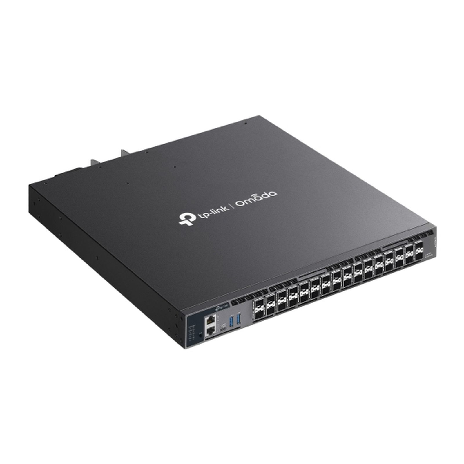 Un commutateur réseau TP-Link Omada noir avec de nombreux ports.