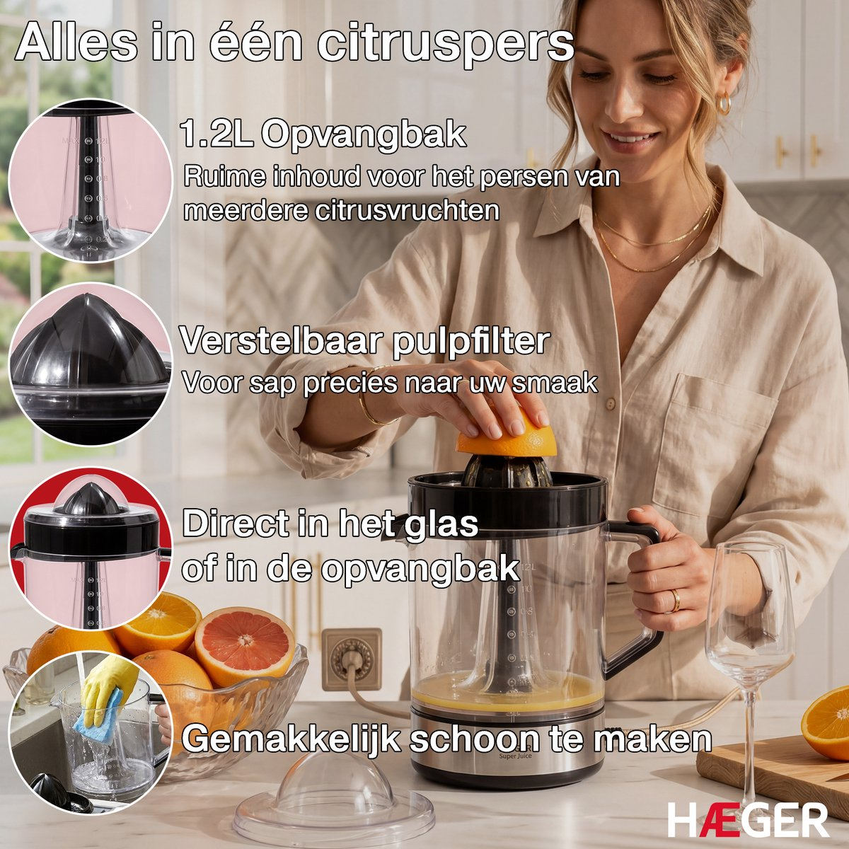 Une femme utilise un presse-agrumes de 1,2 L avec des fruits et un verre.