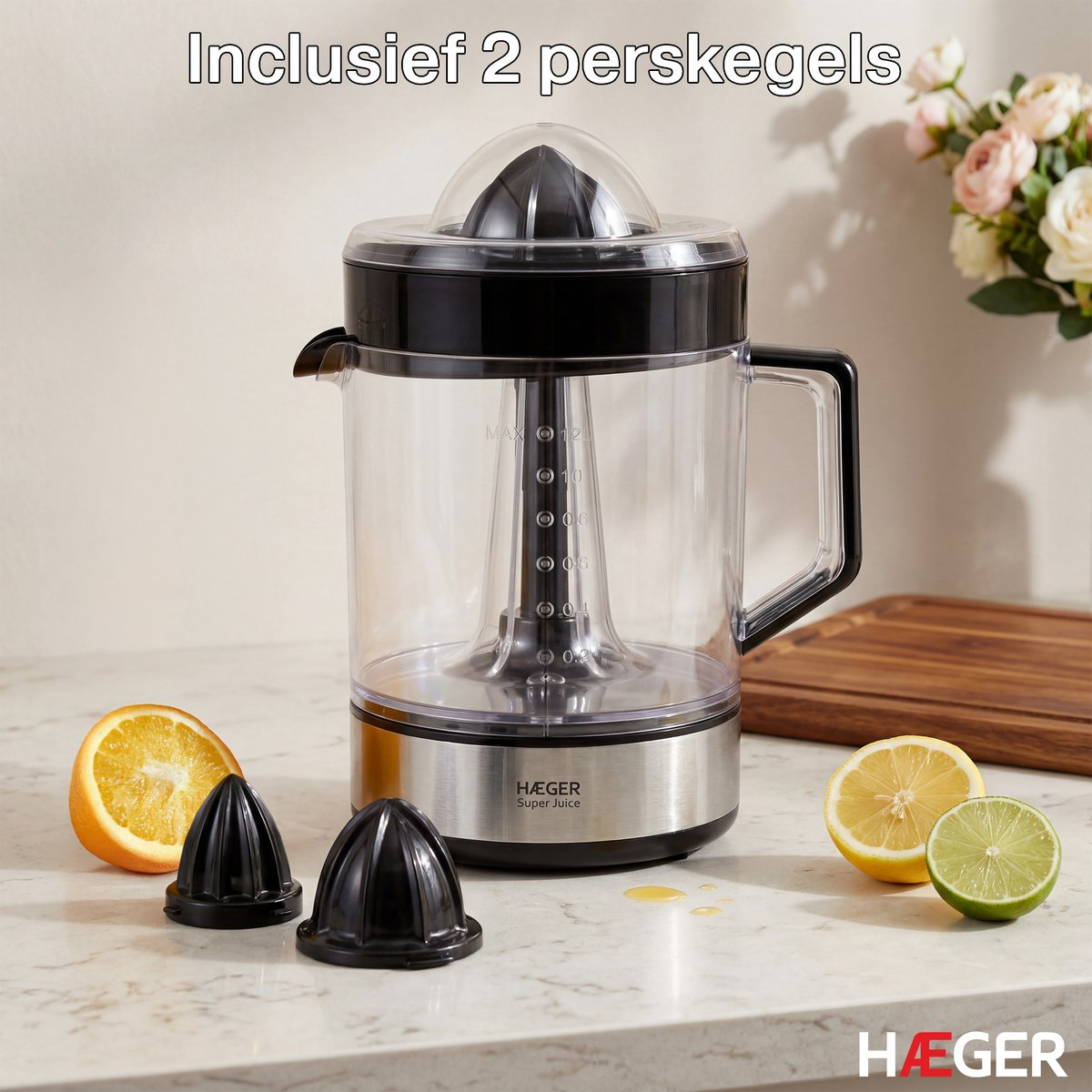 Presse-agrumes électrique avec tranches d'orange, de citron et de lime.