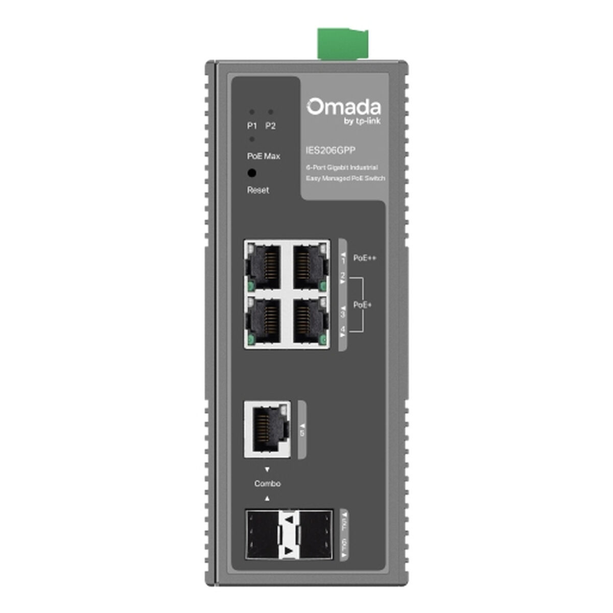 Switch PoE industriel gris avec logo Omada, 6 ports Ethernet et indicateurs d'état.