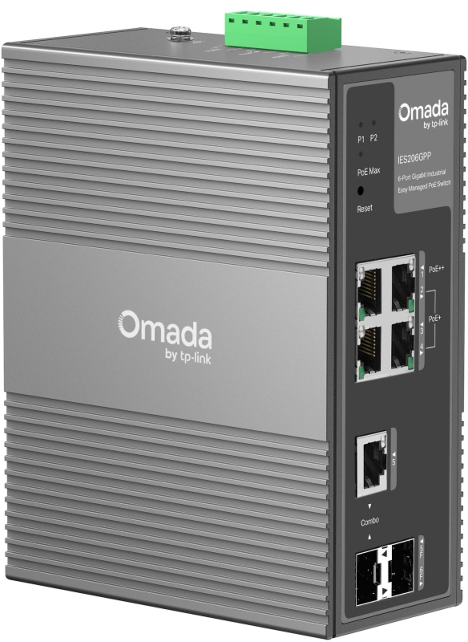 Switch PoE industriel gris à 6 ports avec bloc de jonction vert sur le dessus.