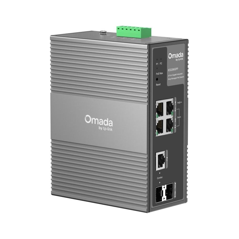 Un appareil gris de switch PoE industriel Omada by tp-link avec ports.