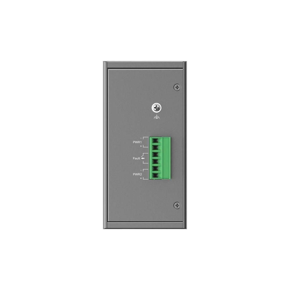 Boîtier gris avec bornier vert étiqueté PWR1, Fault et PWR2.