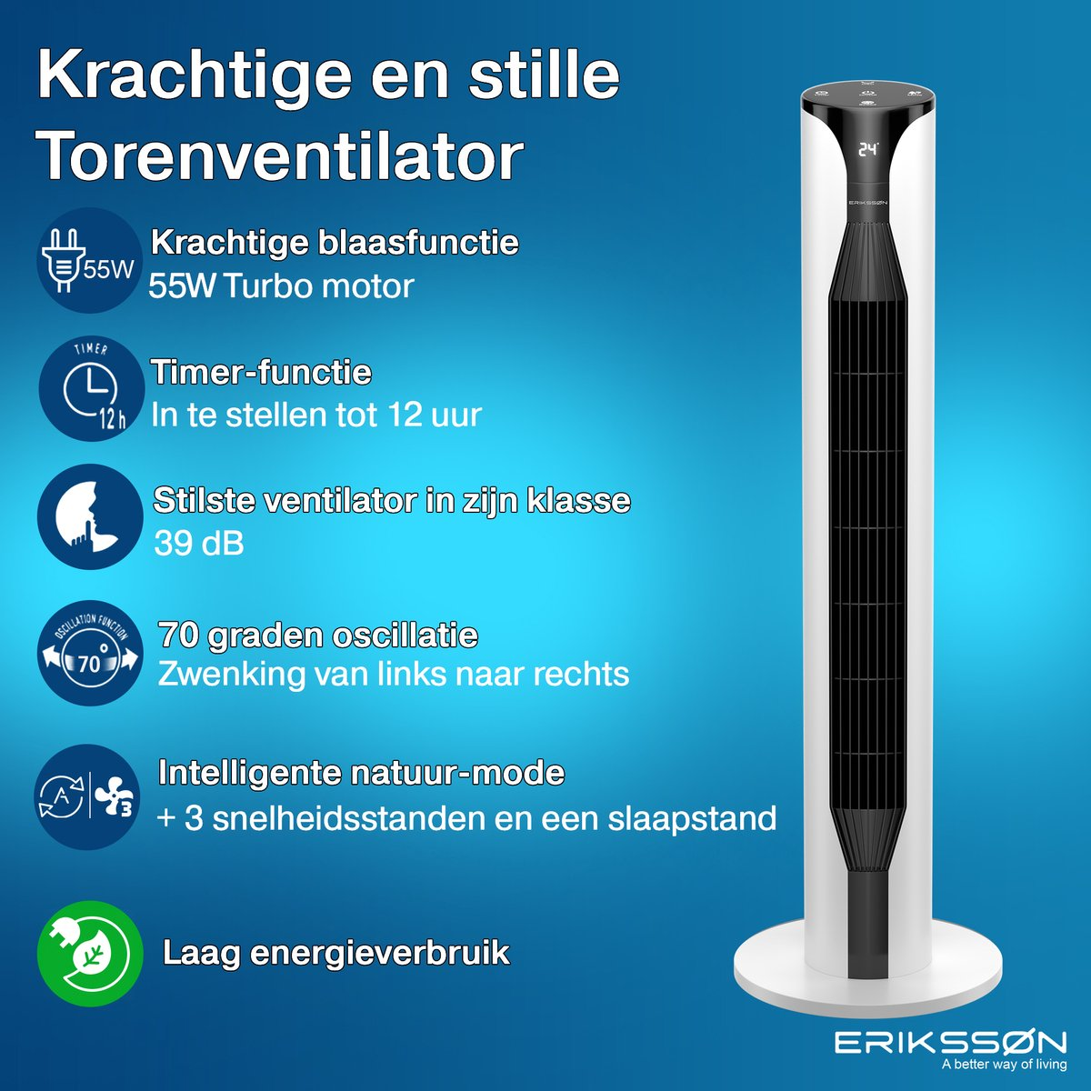 Ein weißer Turmventilator mit schwarzem Gitter, der Leistung und leisen Betrieb verspricht.