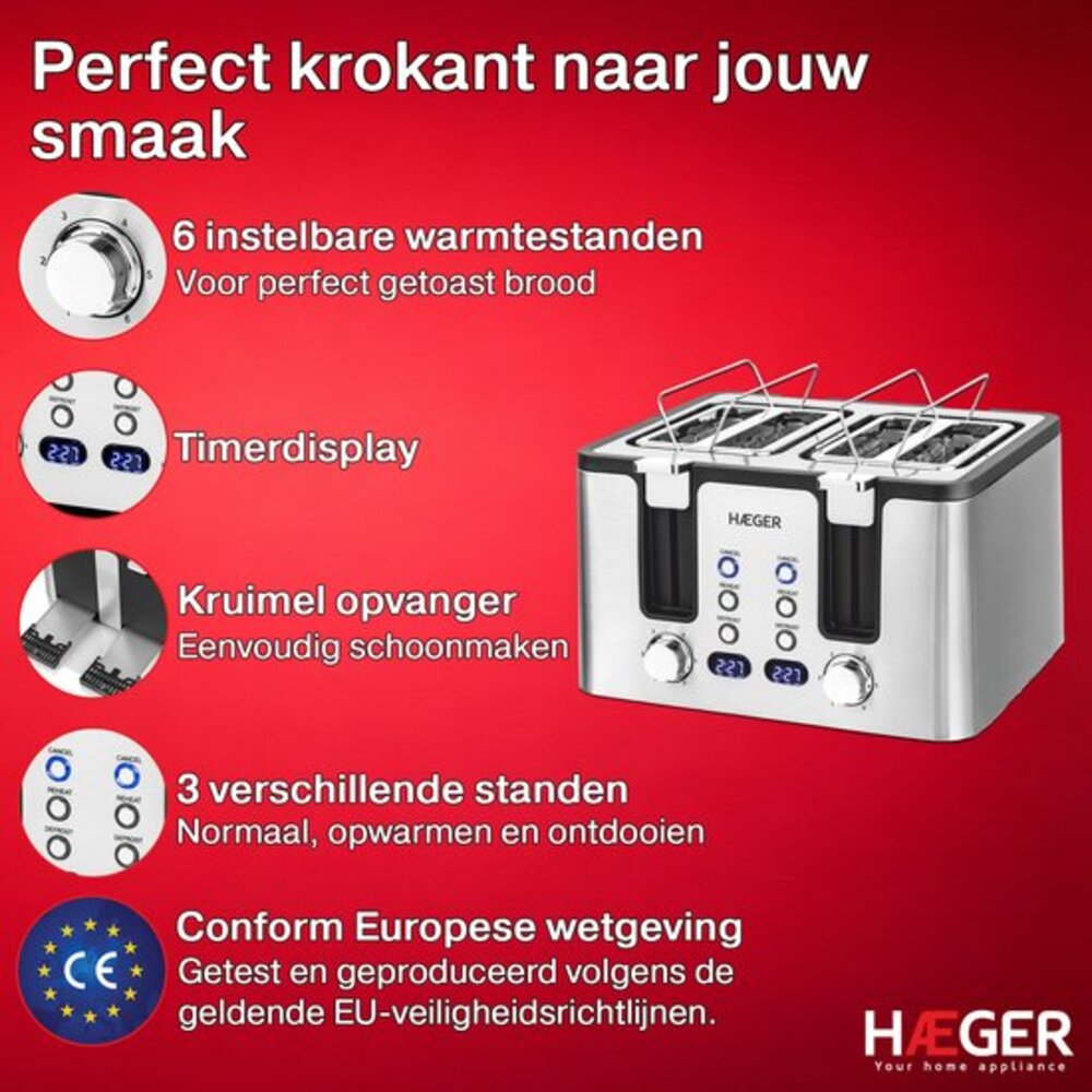 Silver 4-slice toaster with control knobs and timer display.