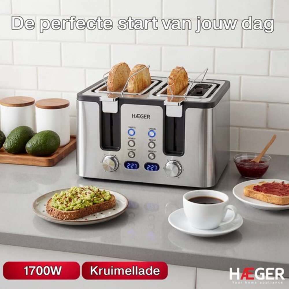 Stainless steel toaster with 4 bread slices, avocado toast, coffee, and jam.