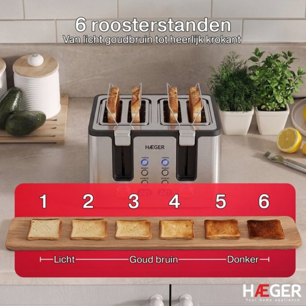 A toaster with 6 browning levels, from light to dark, next to slices of bread.