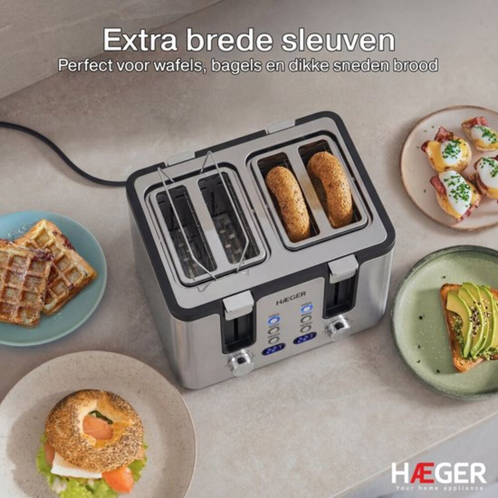 A silver toaster with two slots, next to waffles, a bagel sandwich, and avocado toast.