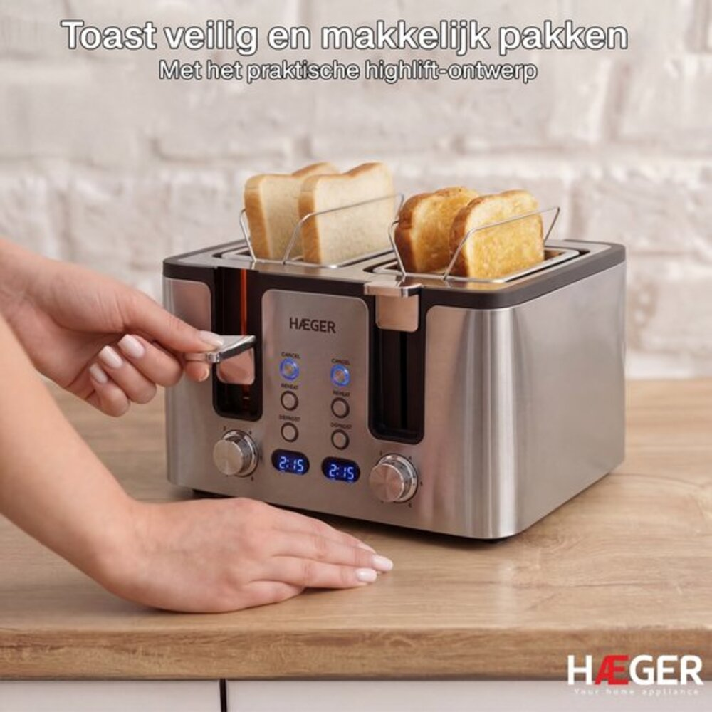 A person operates a silver toaster with four slices of toast, two light and two dark.