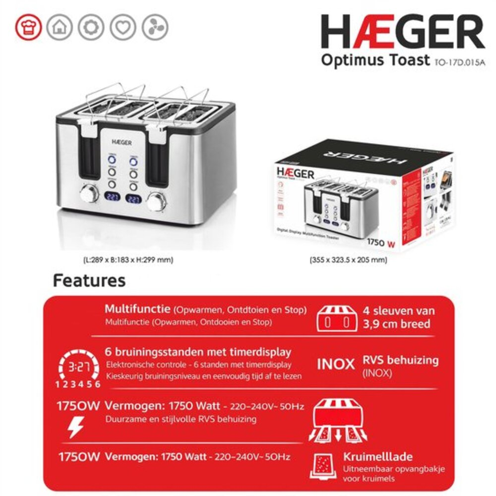 A silver Haeger Optimus Toast toaster with four slots, shown on a red features list.