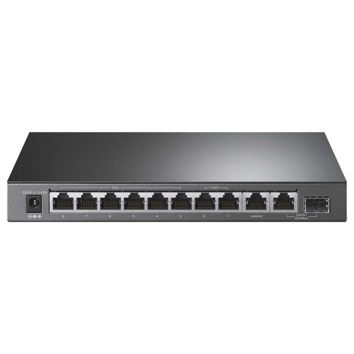 Un commutateur réseau gris avec 8 ports PoE+, 2 ports uplink et un connecteur d'alimentation.