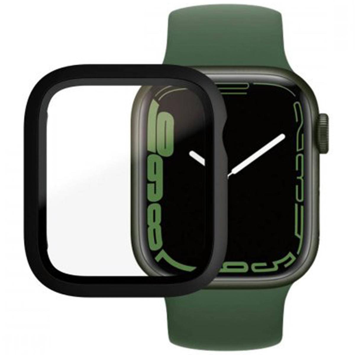 Zielony smartwatch z czarną ramką ochronną, zielonym wyświetlaczem cyfrowym.