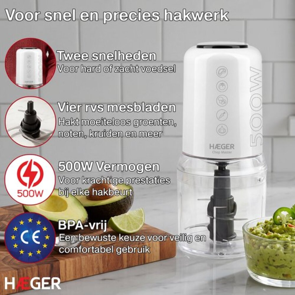 A white HÄGER food chopper with 500W power, next to avocado and guacamole.