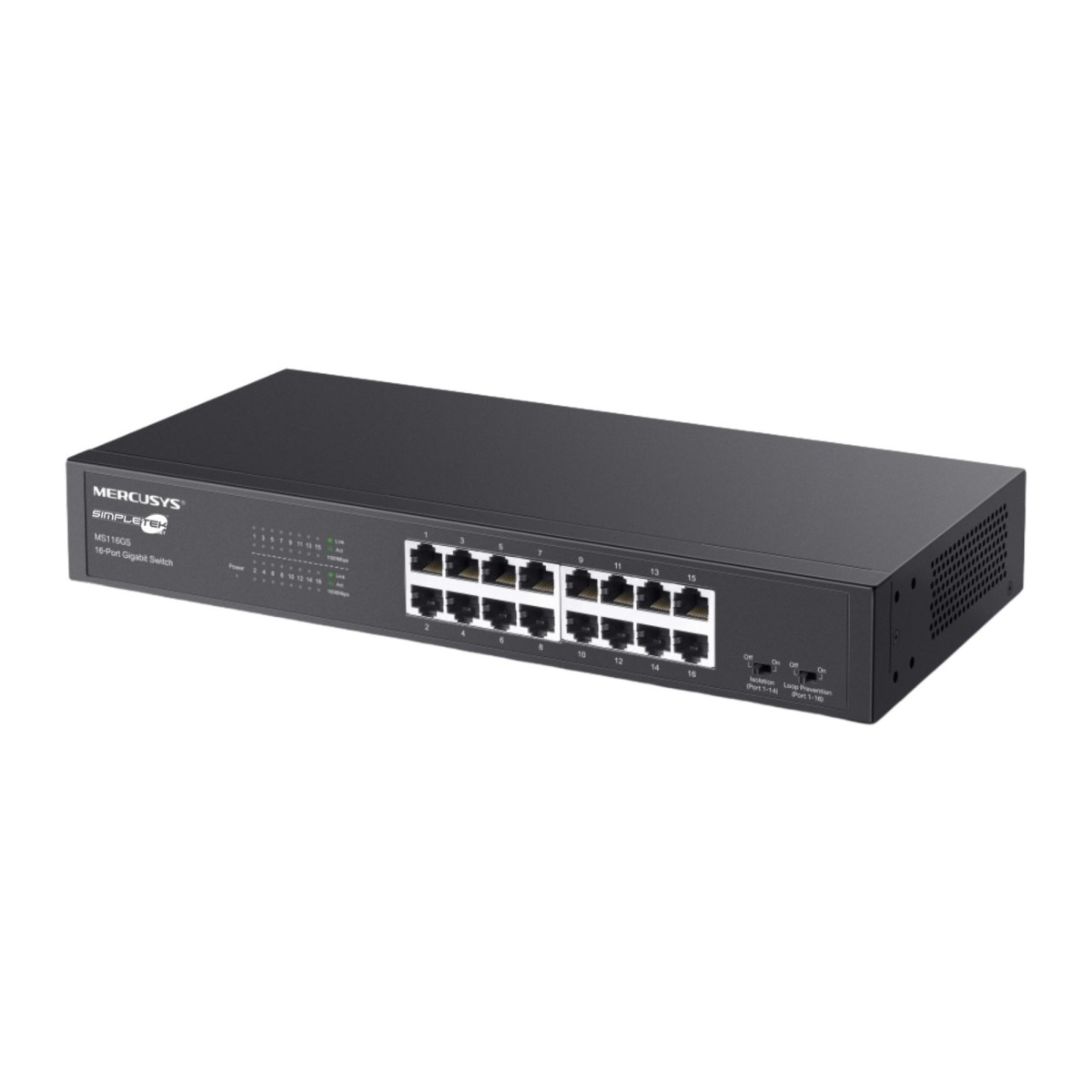 Switch Gigabit nero 16 porte con porte e indicatori di stato.