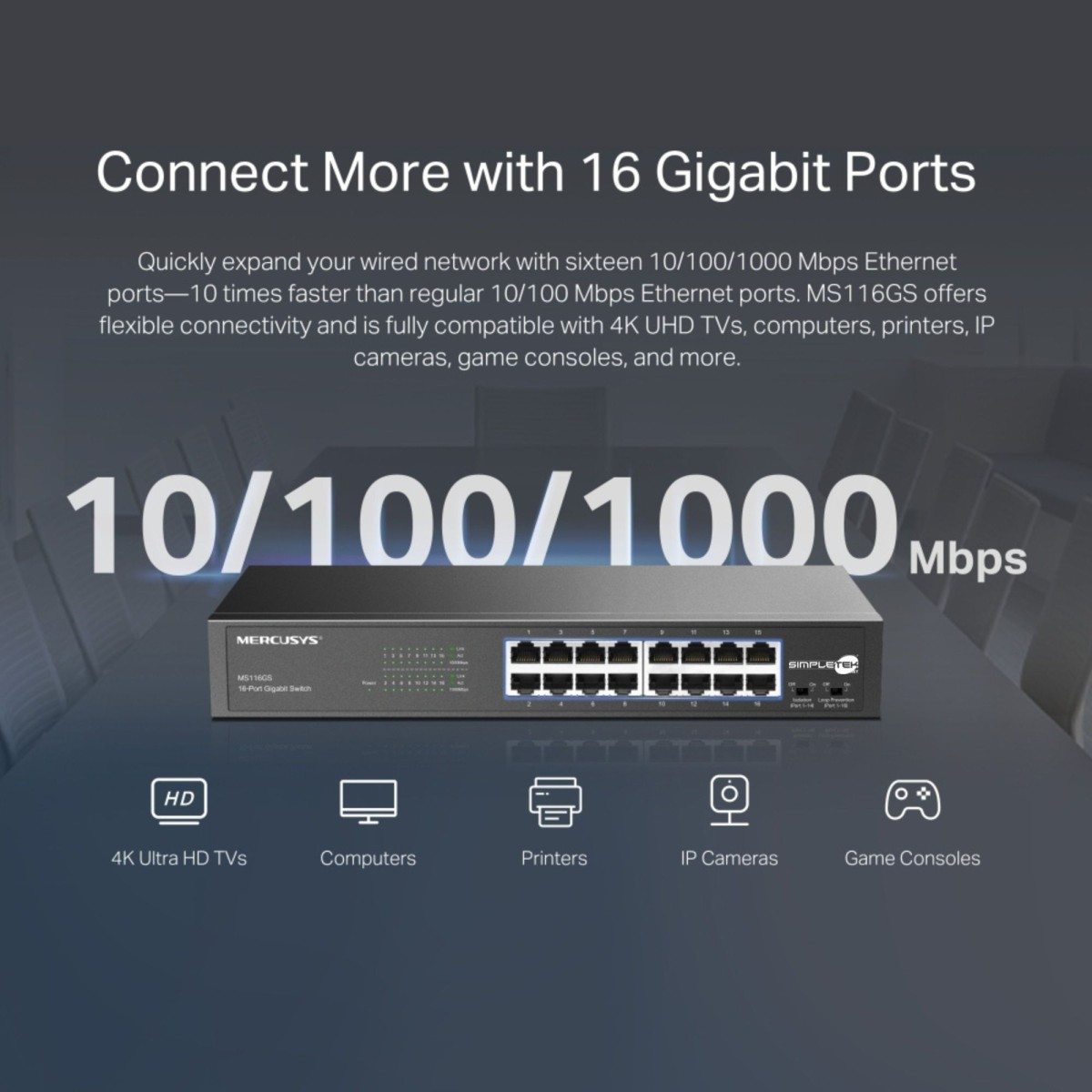 Uno switch Gigabit Mercusys a 16 porte con porte da 10/100/1000 Mbps.