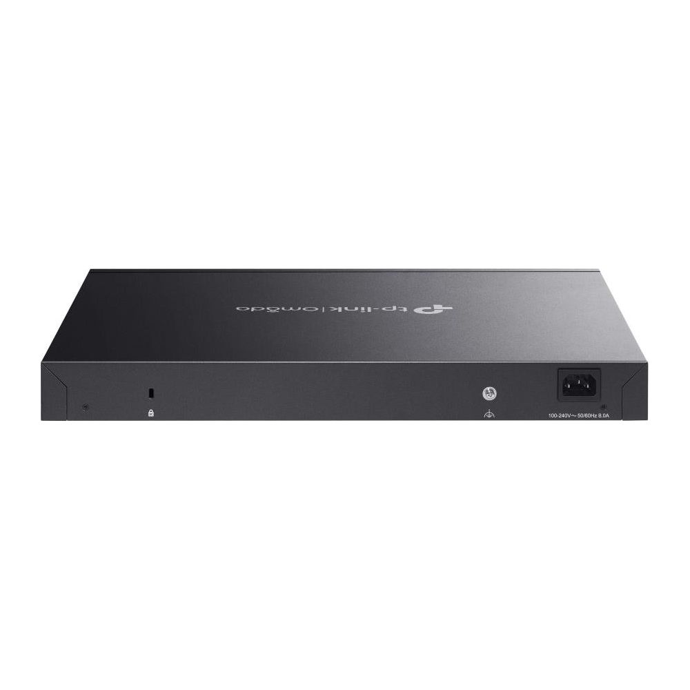 Schwarzer TP-Link Omada Router mit Stromeingang und Statusleuchten hinten.