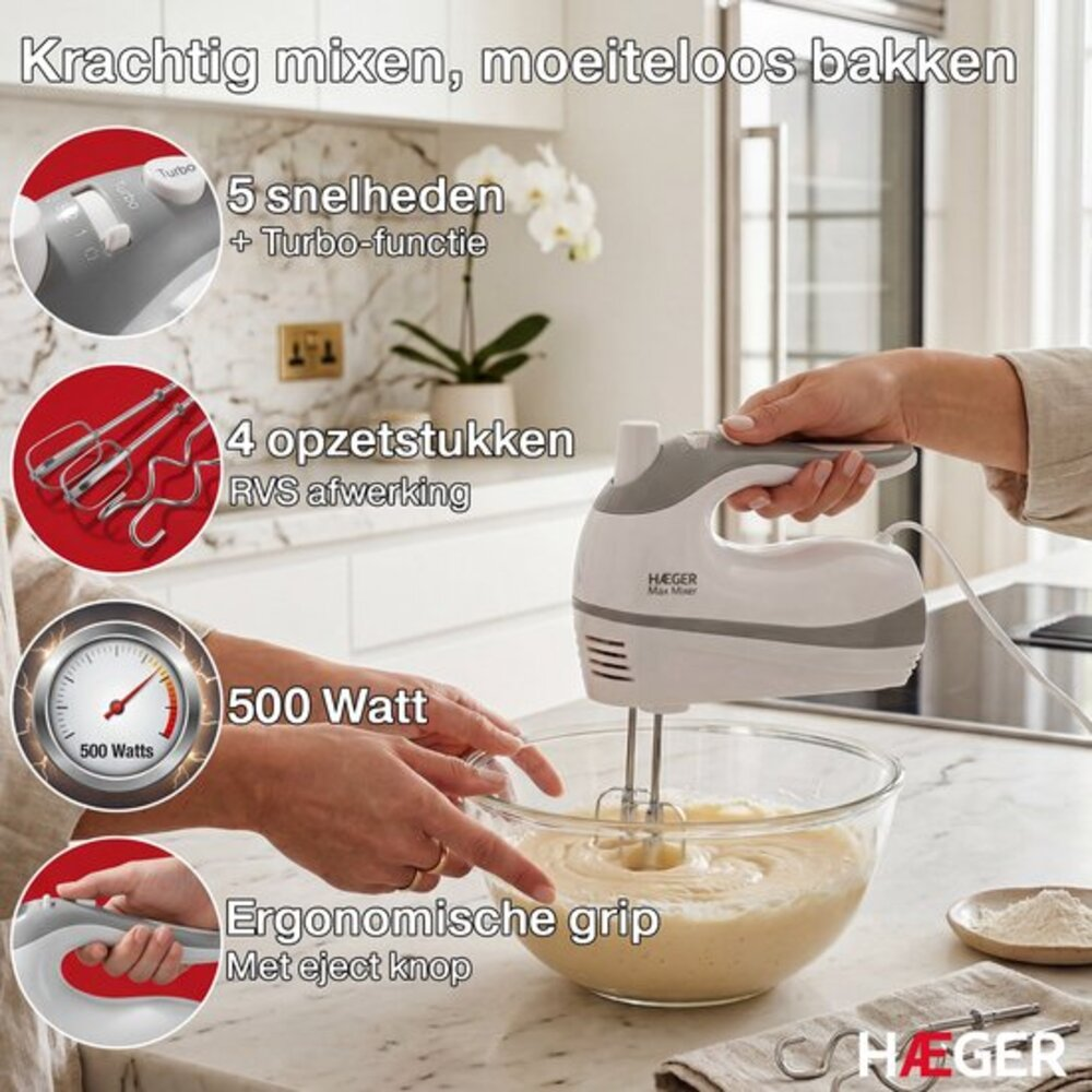 A white and gray hand mixer with gray attachments is mixing batter in a glass bowl.