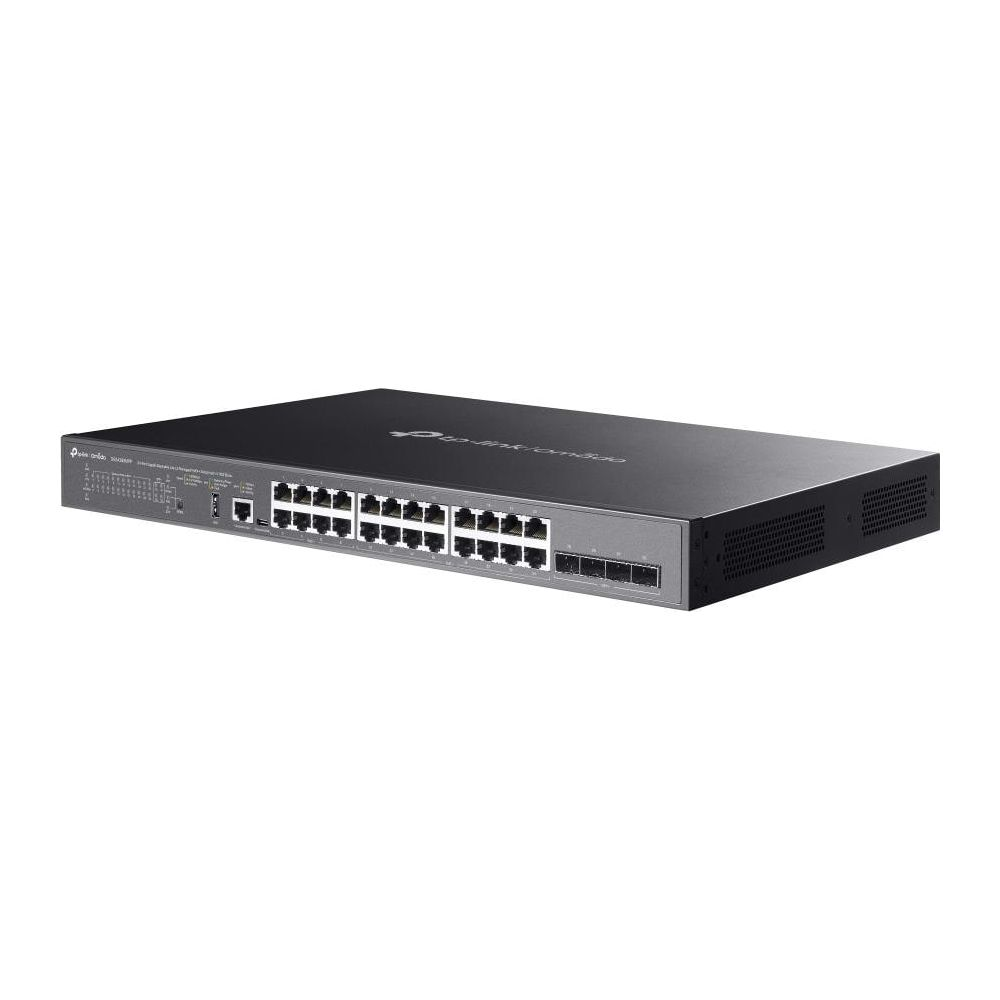 Ein schwarzer Netzwerk-Switch mit vielen Anschlüssen auf der Vorderseite.