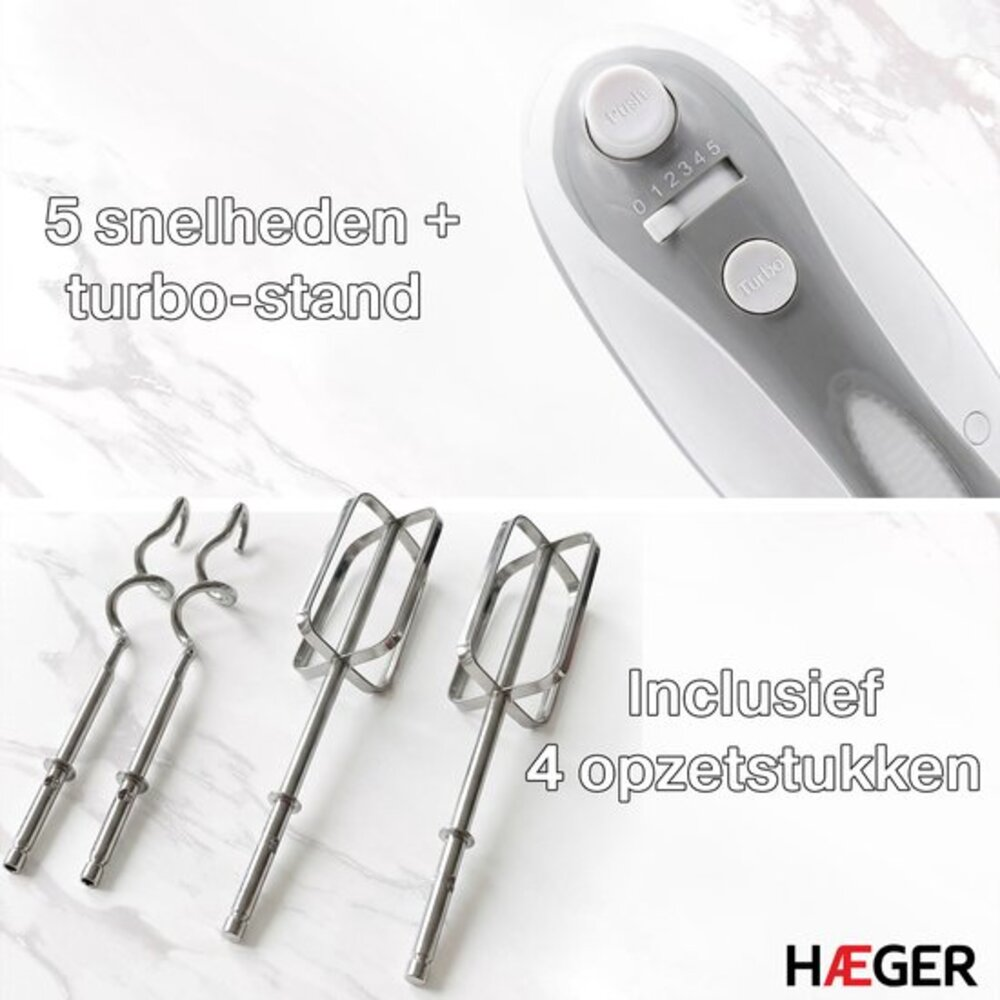 A white and gray hand mixer with 5 speeds and turbo function. Includes 4 attachments.