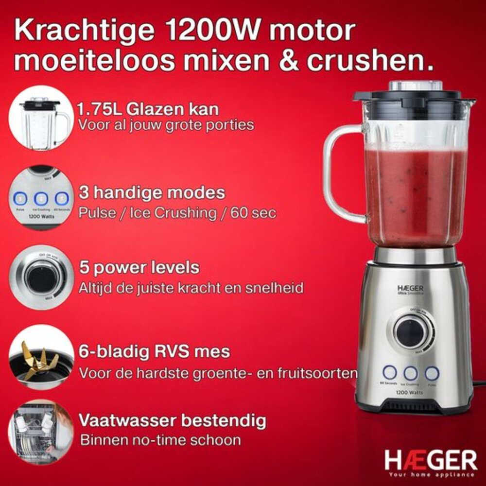 A silver blender with a red background, featuring 1200W power and 3 modes.