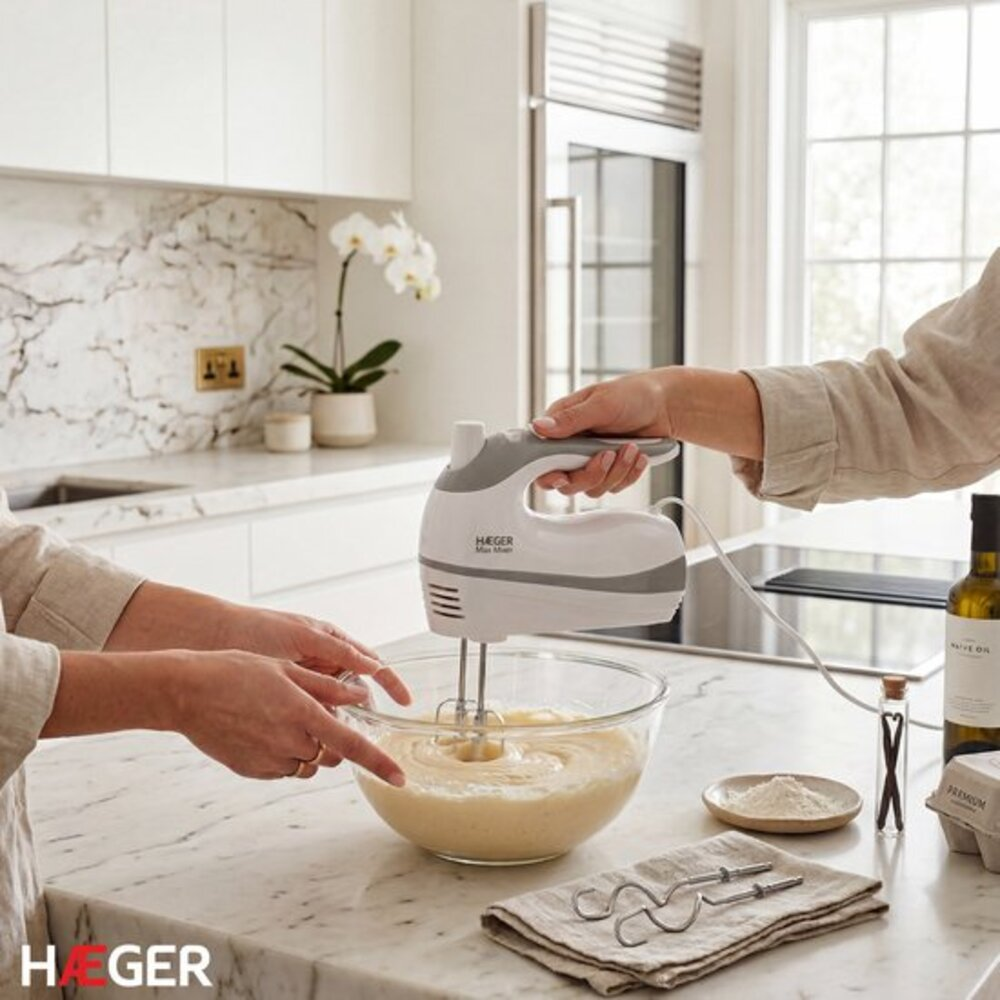 A white and gray hand mixer is mixing batter in a glass bowl in a modern kitchen.