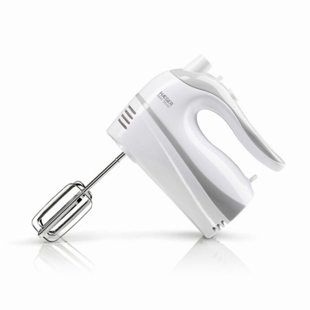 A white hand mixer with a gray accent and a metal whisk attachment.