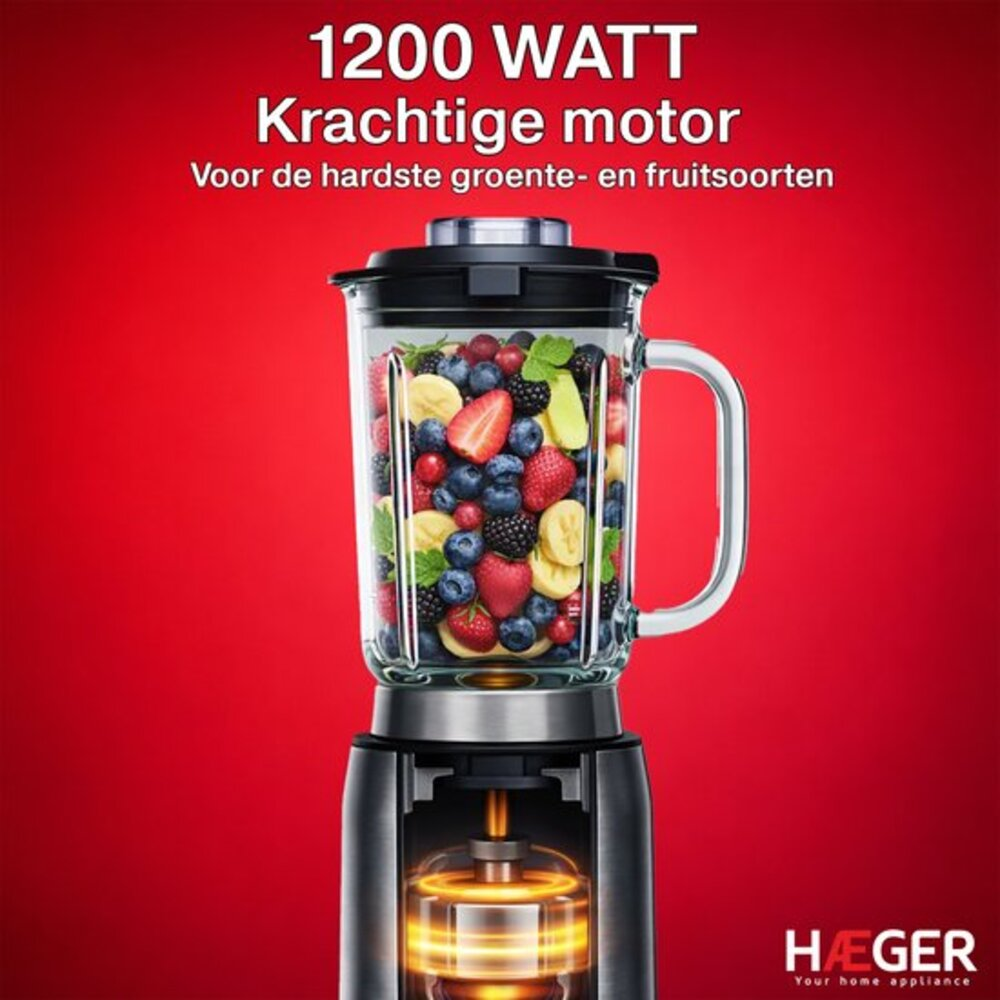 A blender filled with fruits and berries, featuring a 1200 Watt motor.
