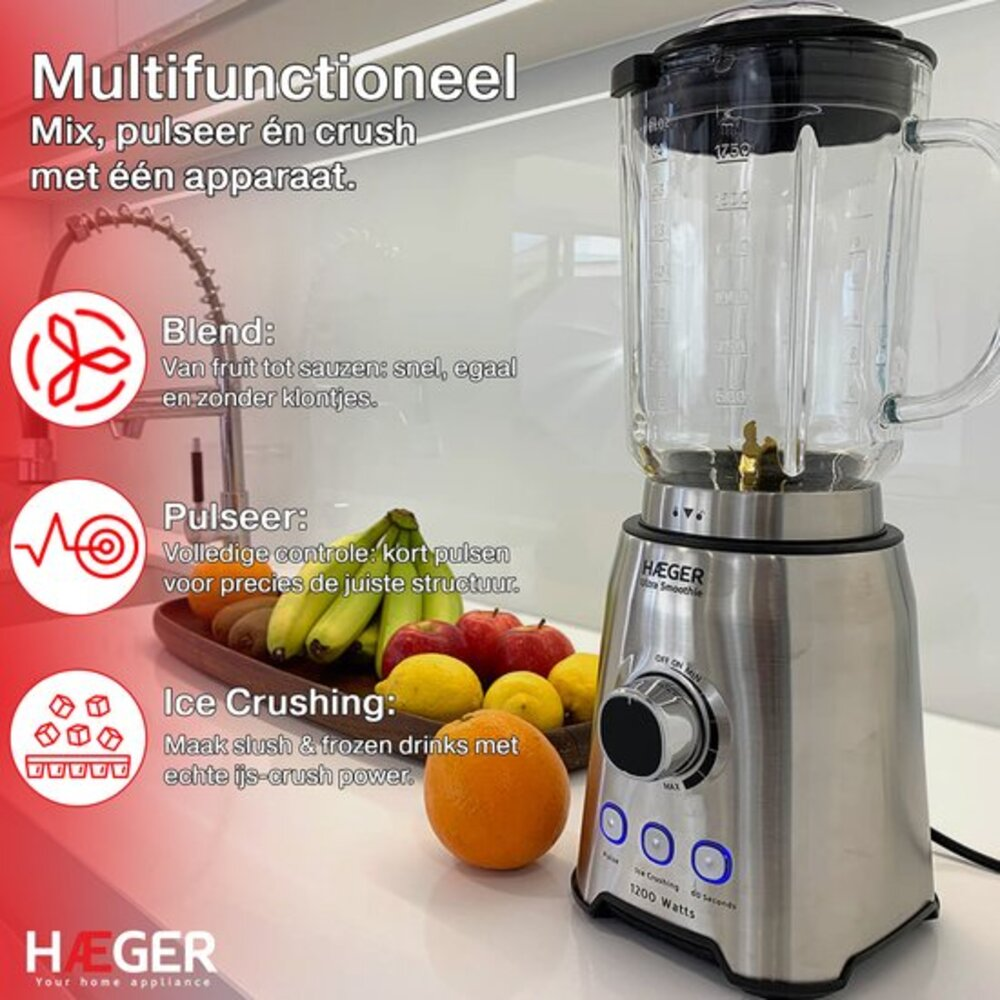 A silver Haeger blender with glass jar sits on a counter next to fruits.