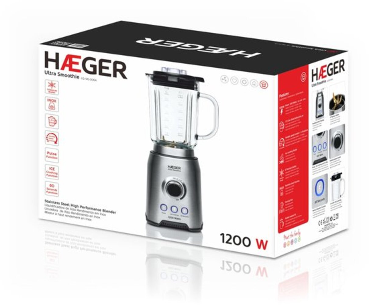 Silver Haeger blender with glass jar and 1200W power, on its product box.