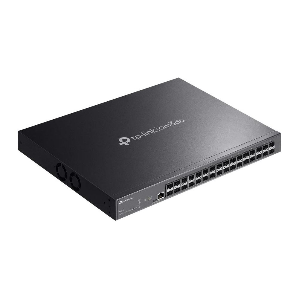 Ein schwarzer TP-Link Omada Netzwerkschalter mit 24 Anschlüssen.