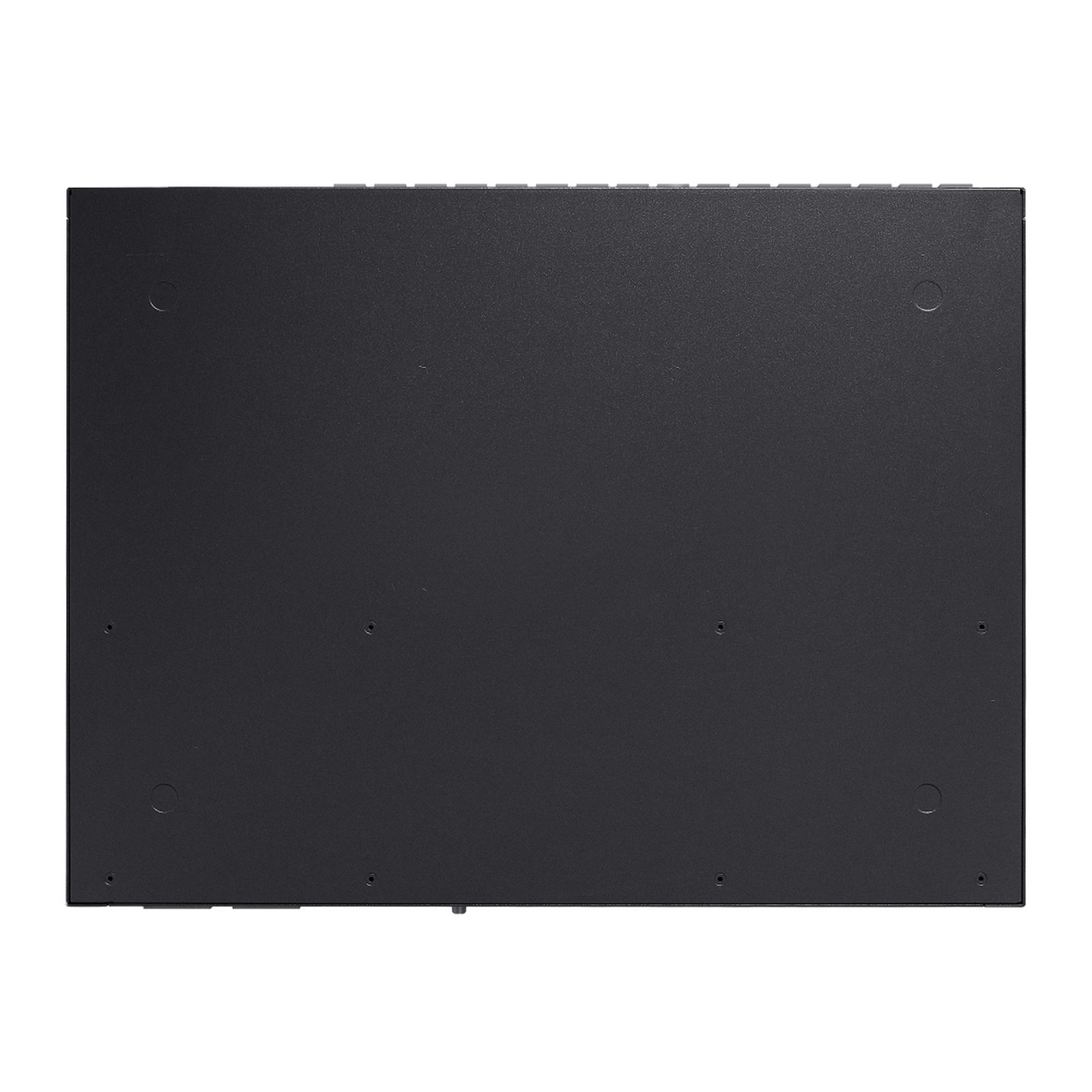 Schwarzes elektronisches Gerät mit sichtbaren Schraubenlöchern und Lüftungsschlitzen.