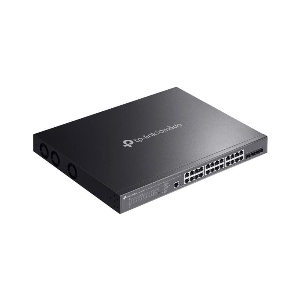 Routeur TP-Link Omada noir avec 24 ports Ethernet et trous d'aération.