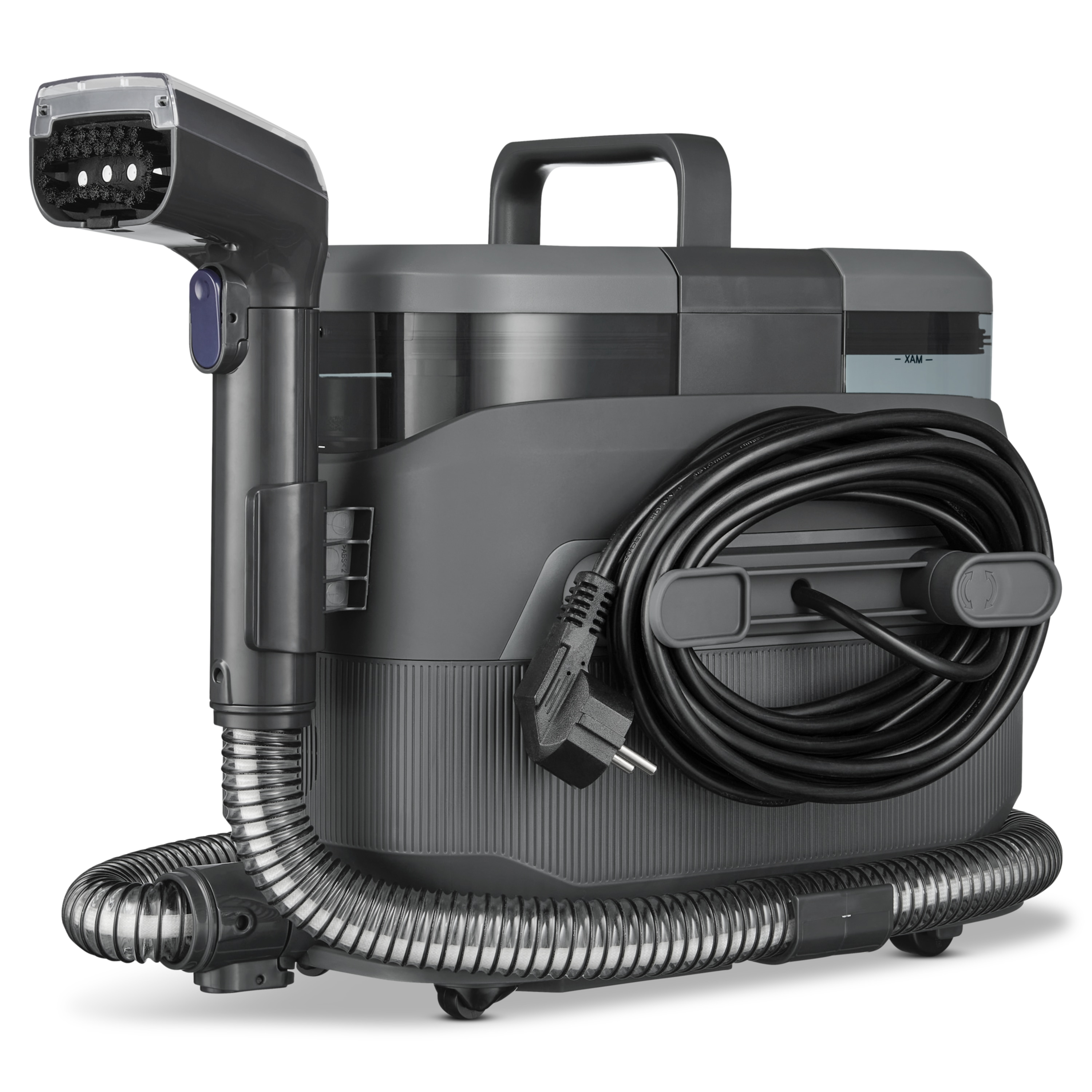 A gray wet dry vacuum cleaner with hose and cord on a white background.