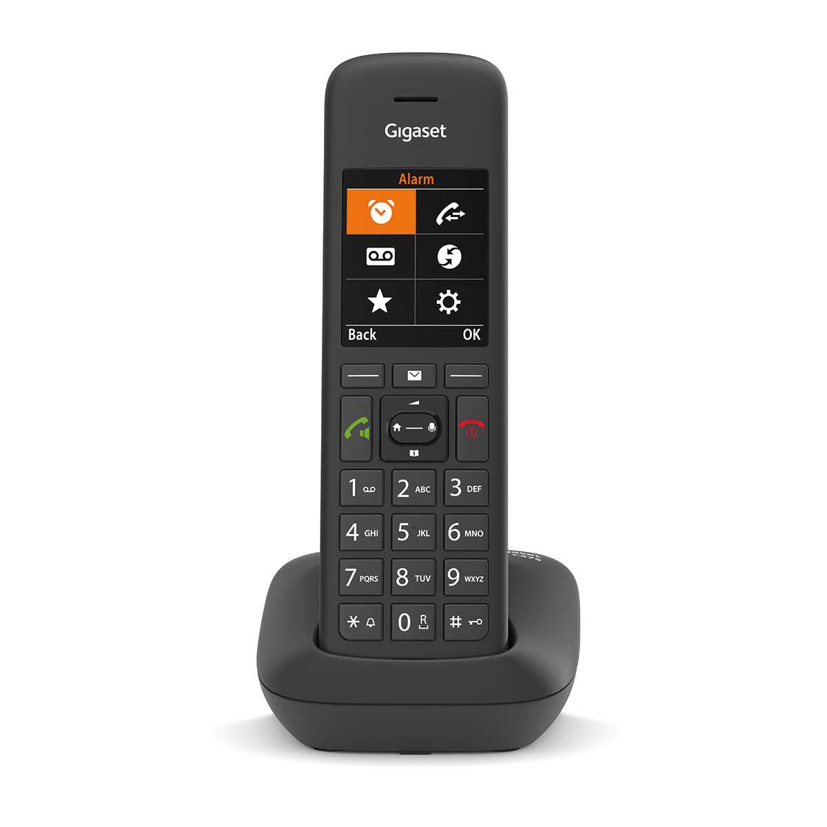 Telefono cordless Gigaset nero su base di ricarica, con schermo e tastiera.