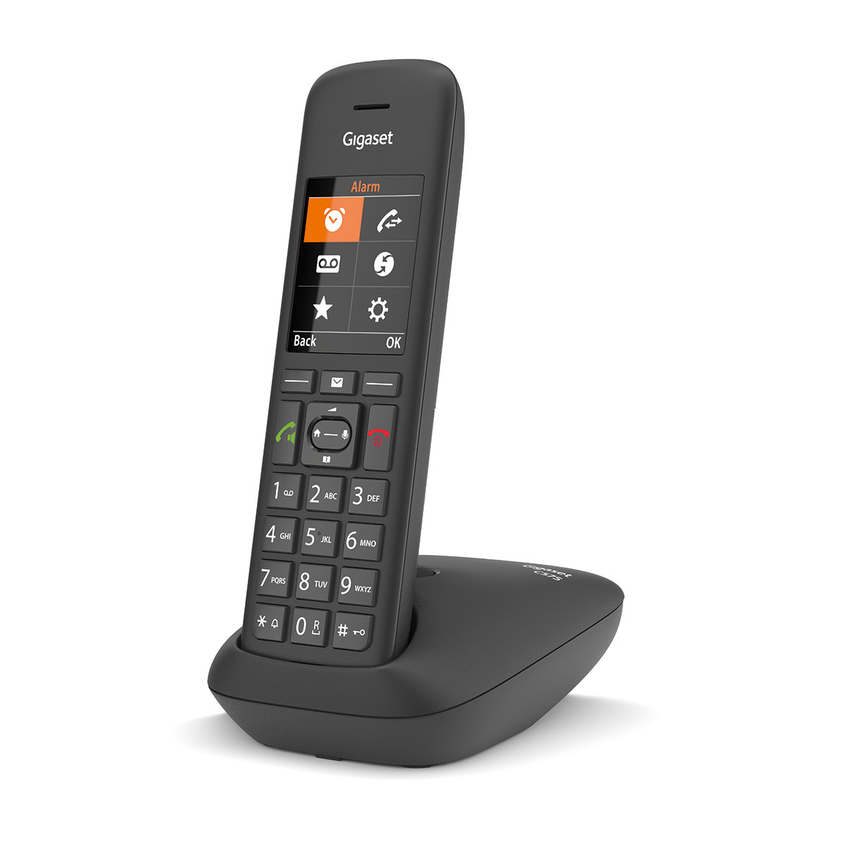 Un telefono cordless nero poggia su una base di ricarica. Il display mostra il menu.
