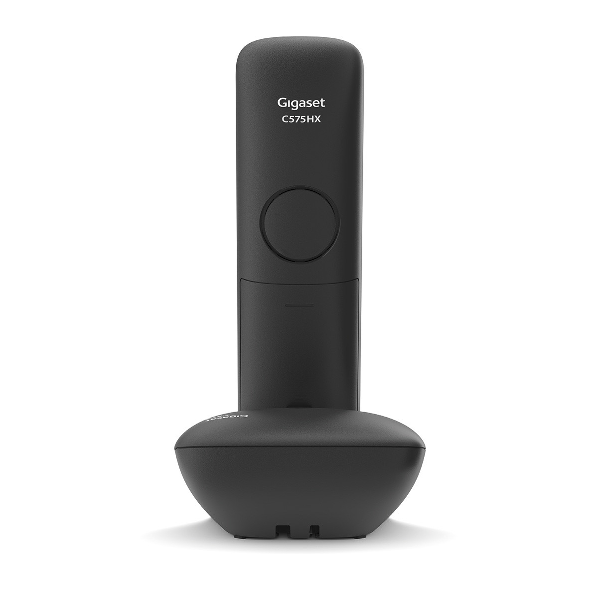 Un telefono cordless nero Gigaset C575HX è sulla sua base.